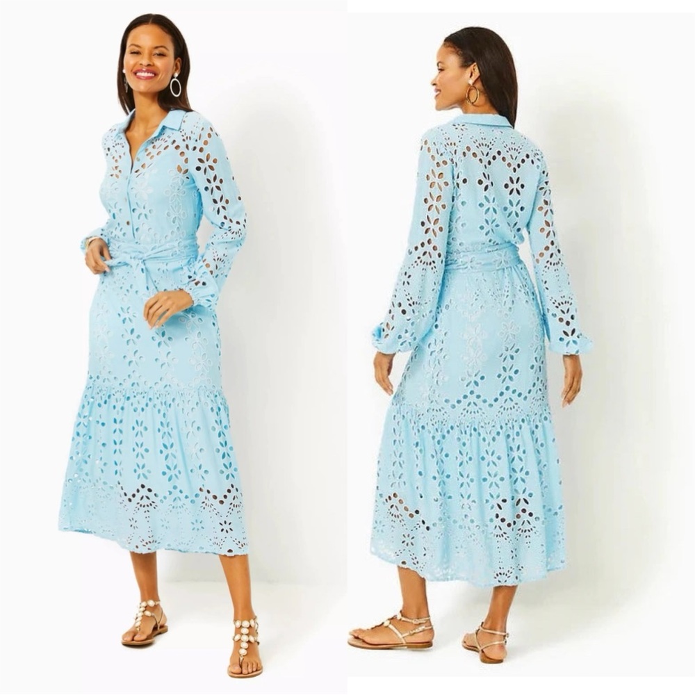 LILLY PULITZER Zia Long Sleeve Eyelet Midi Dress in Hydra Blue - Picture 3 of 16